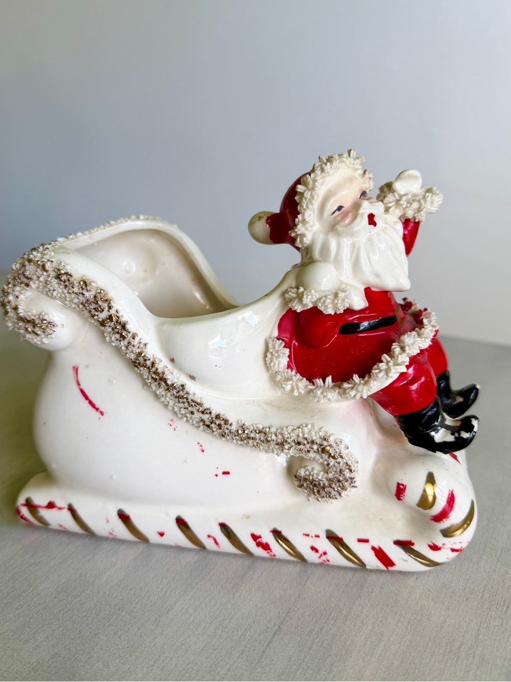 Vtg Christmas Santa Claus & Sleigh Spaghetti Planter 1950s Japan
